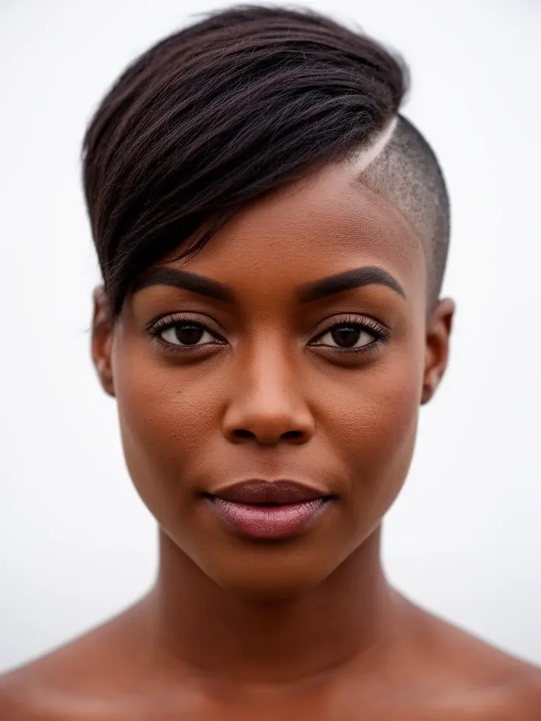 Pixie side undercut front view on an African American woman with natural dark hair, close-shaved right side