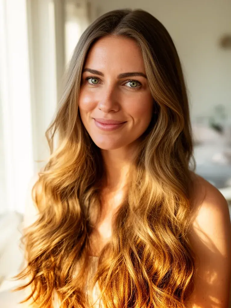 White woman with waist-length straight hair flowing down, front view showing healthy shine and blunt ends