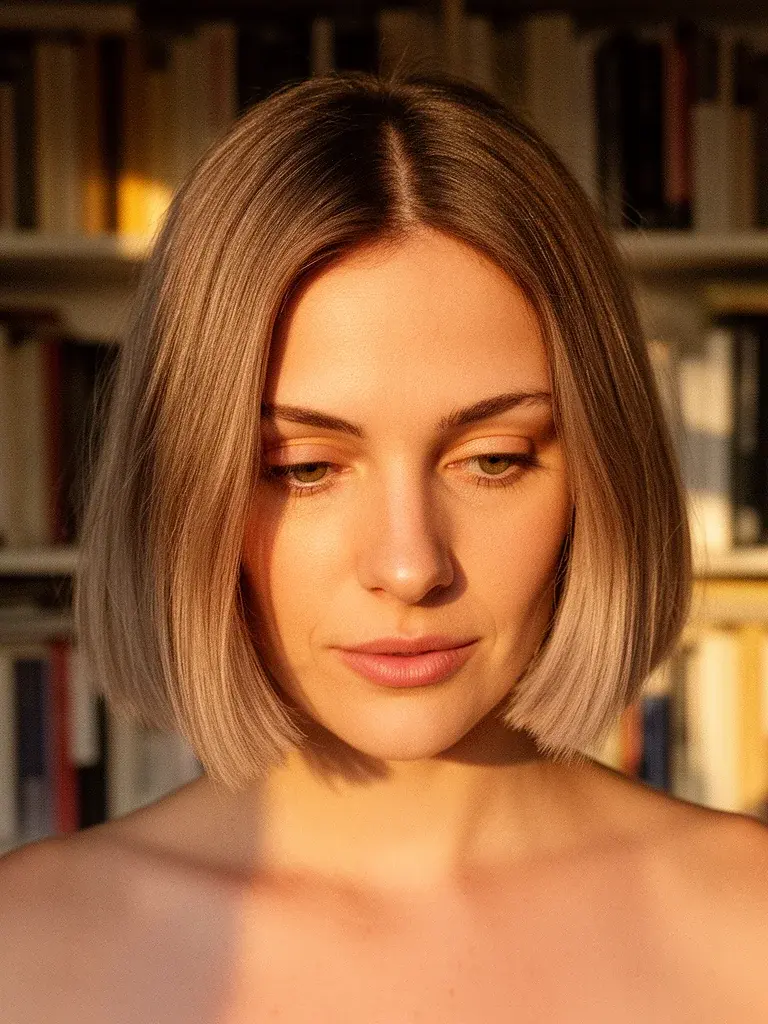 French woman with blunt bob, front view in warm golden light