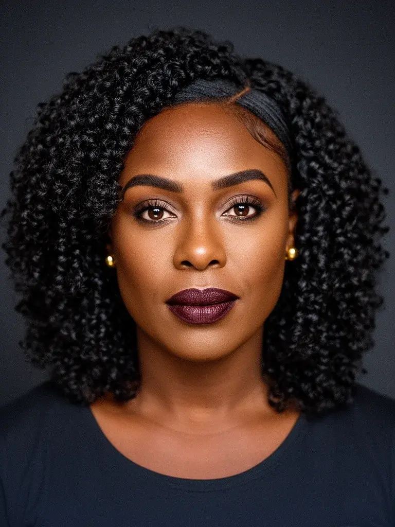 Black woman with ringlets styled in a half-up arrangement, showing coil definition in an updo