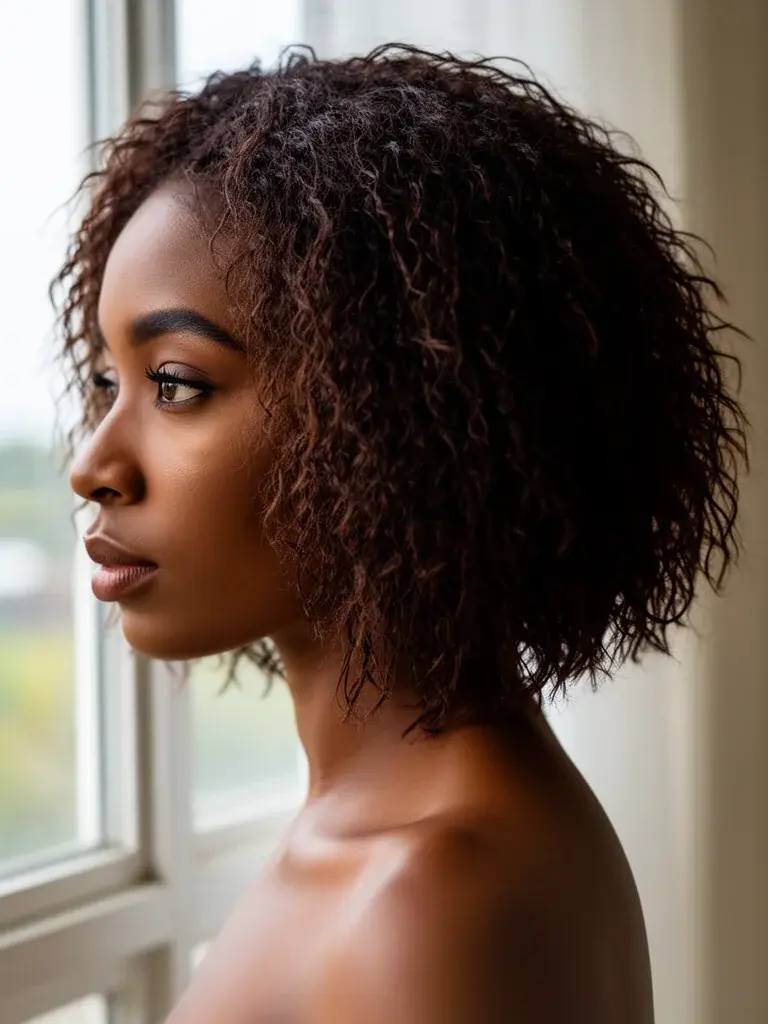 Shaggy bob side profile on a Black woman with natural curl texture at jaw length