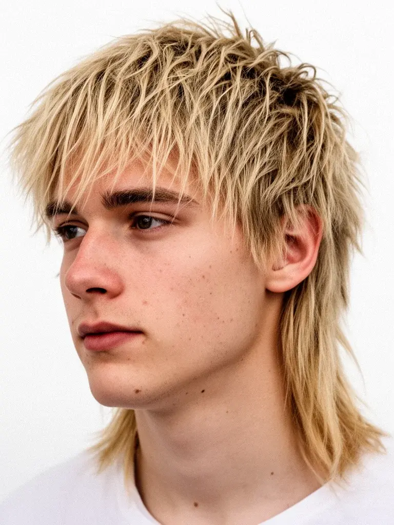 Wolf cut styled with volume on top and wispy ends