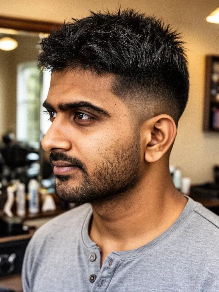 Overgrown buzz on Asian man with straight hair showing clean texture