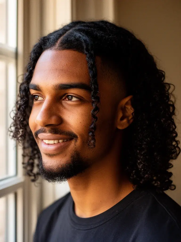 Middle part curtains growing out from shorter hair showing early curtain formation