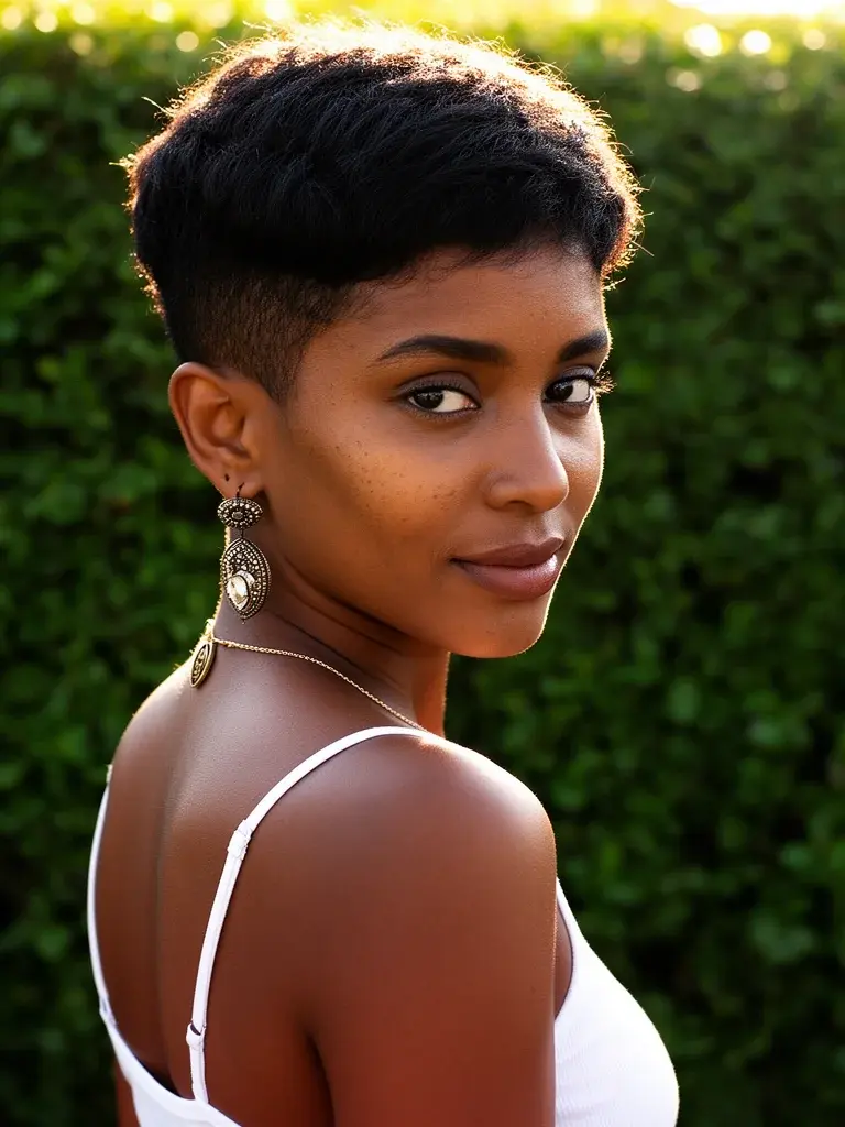 Short pixie cut back view revealing tapered nape, backlit outdoors
