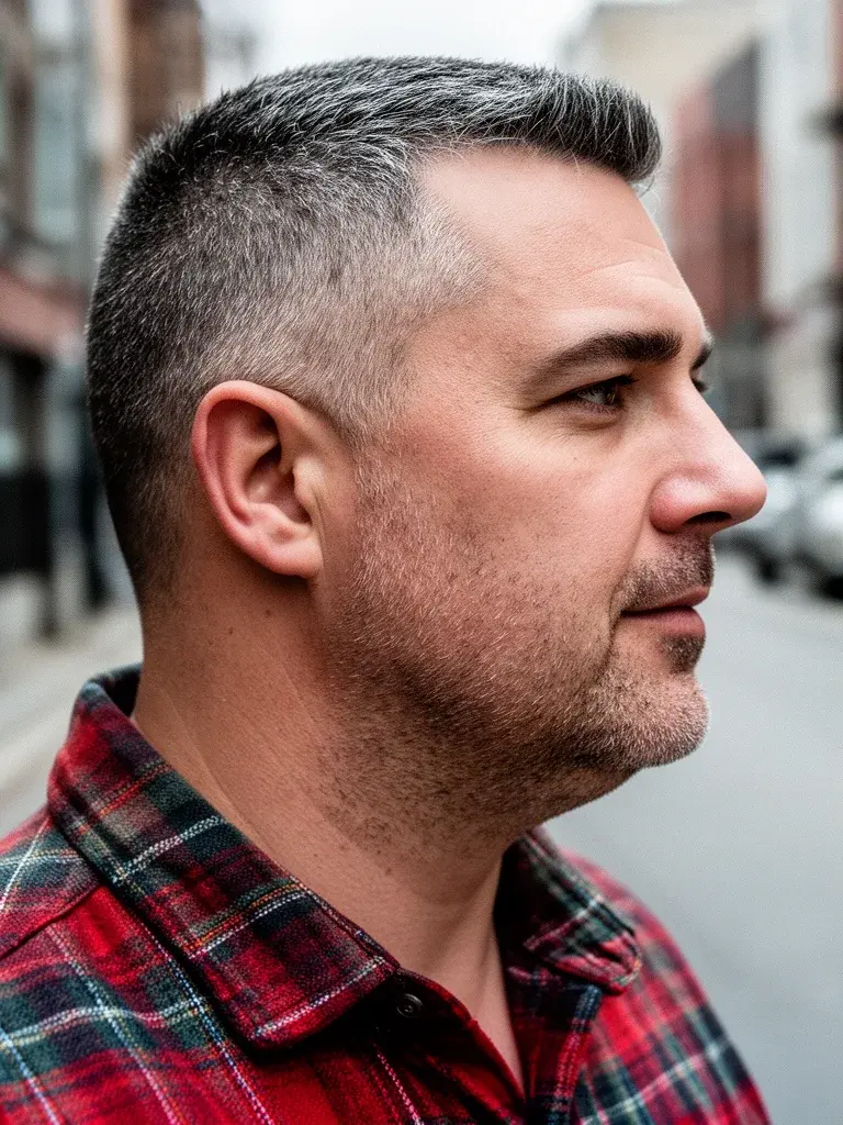 Burr cut on Asian man with straight fine hair showing clean scalp detail