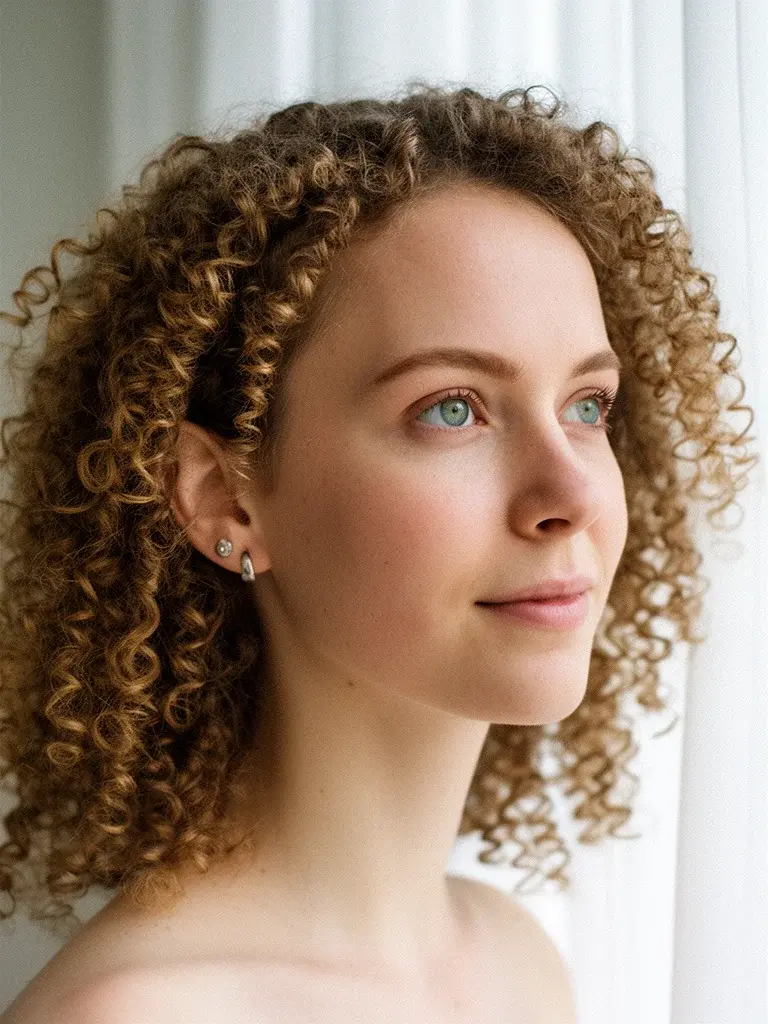 White woman with permed ringlets, showing the tighter coil pattern created by chemical texturizing