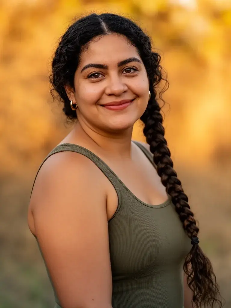 South Asian woman with waist-length dark hair in a loose braid, showing how braids manage extreme length