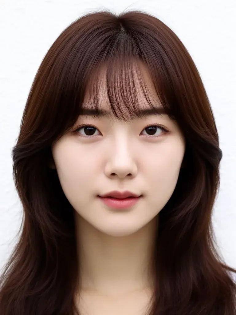 Korean woman with face-framing layers, front view showing framing pieces curving around face