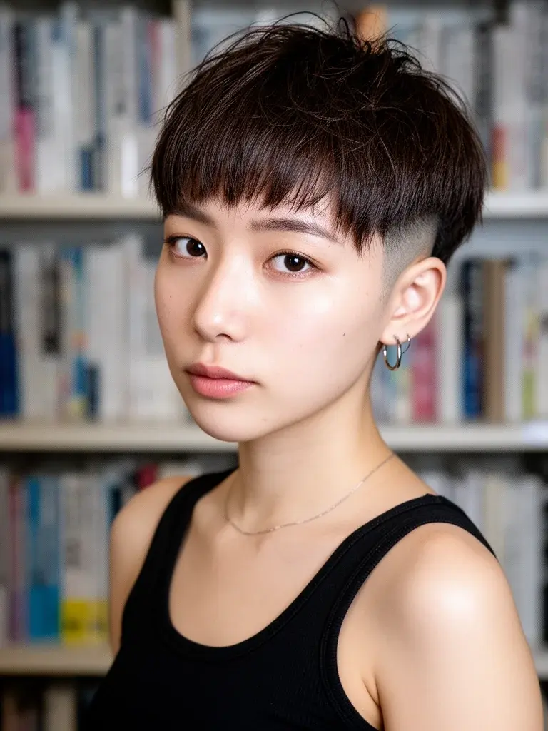 French crop three-quarter view on a Japanese woman with dark brown hair under ring light