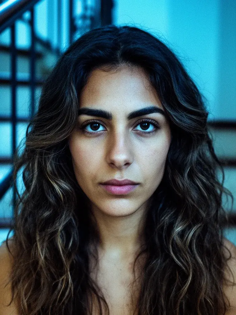 Mexican woman with boho waves, front view in cool-toned indoor light