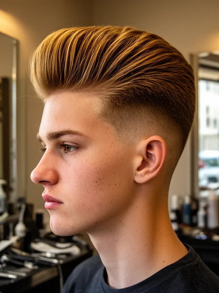 High volume pompadour side profile revealing full silhouette