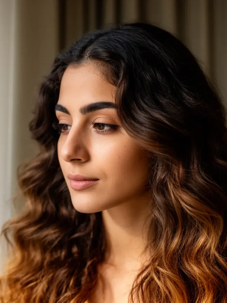 Lebanese woman with boho waves, three-quarter view showing soft natural waves