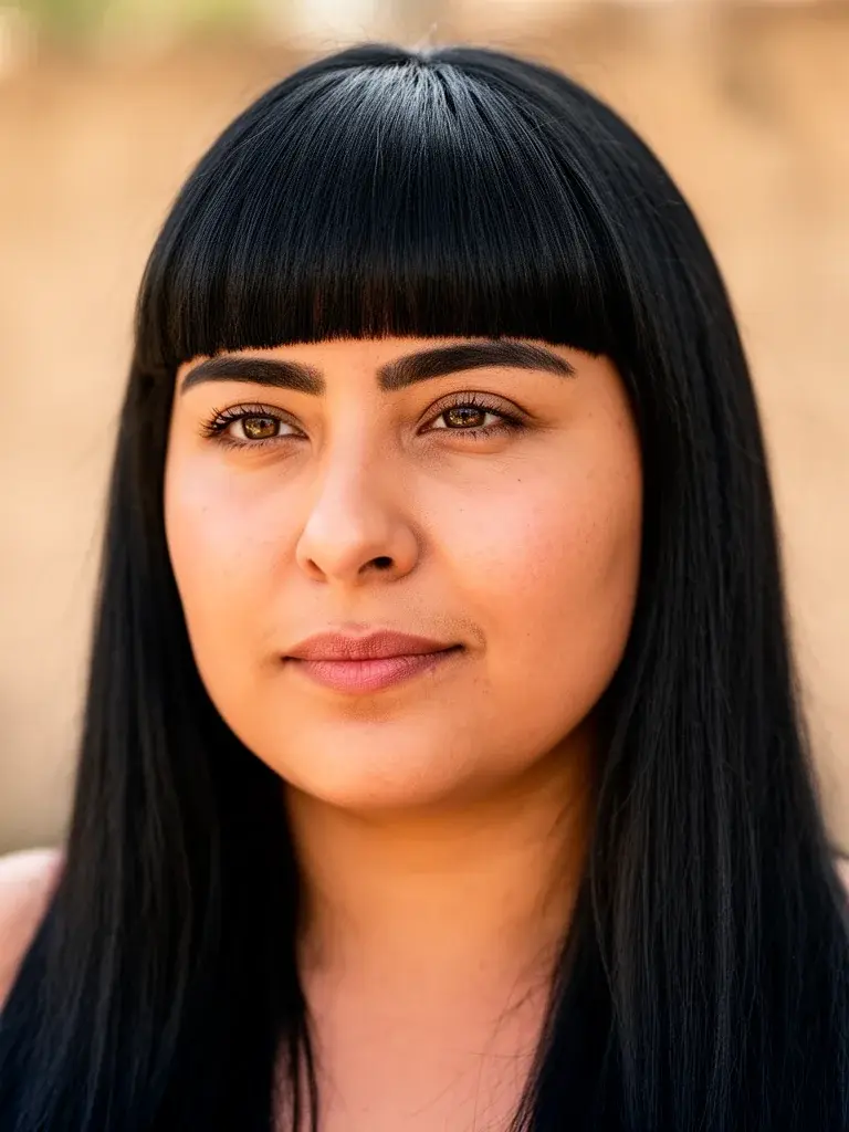 Blunt bangs on a Mexican woman with thick black hair, natural daylight