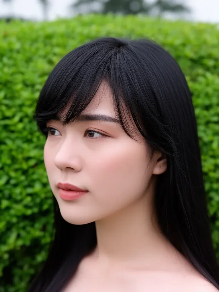Vietnamese woman with side-swept bangs, three-quarter outdoor view