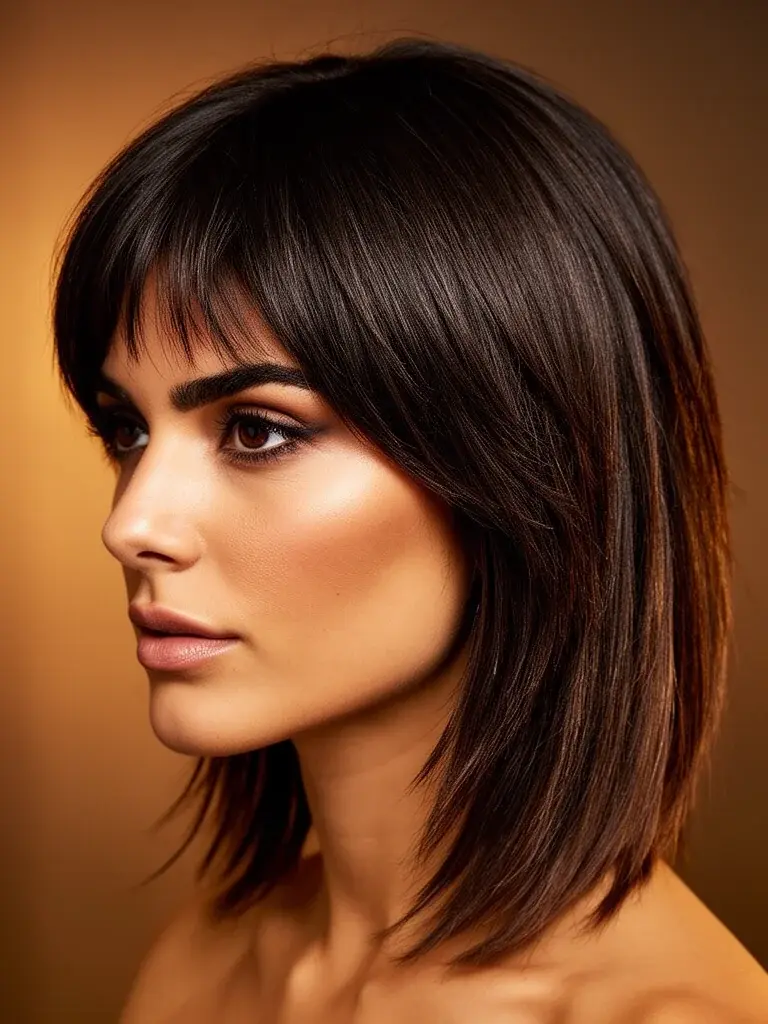 Spanish woman with butterfly cut, side profile in warm studio light