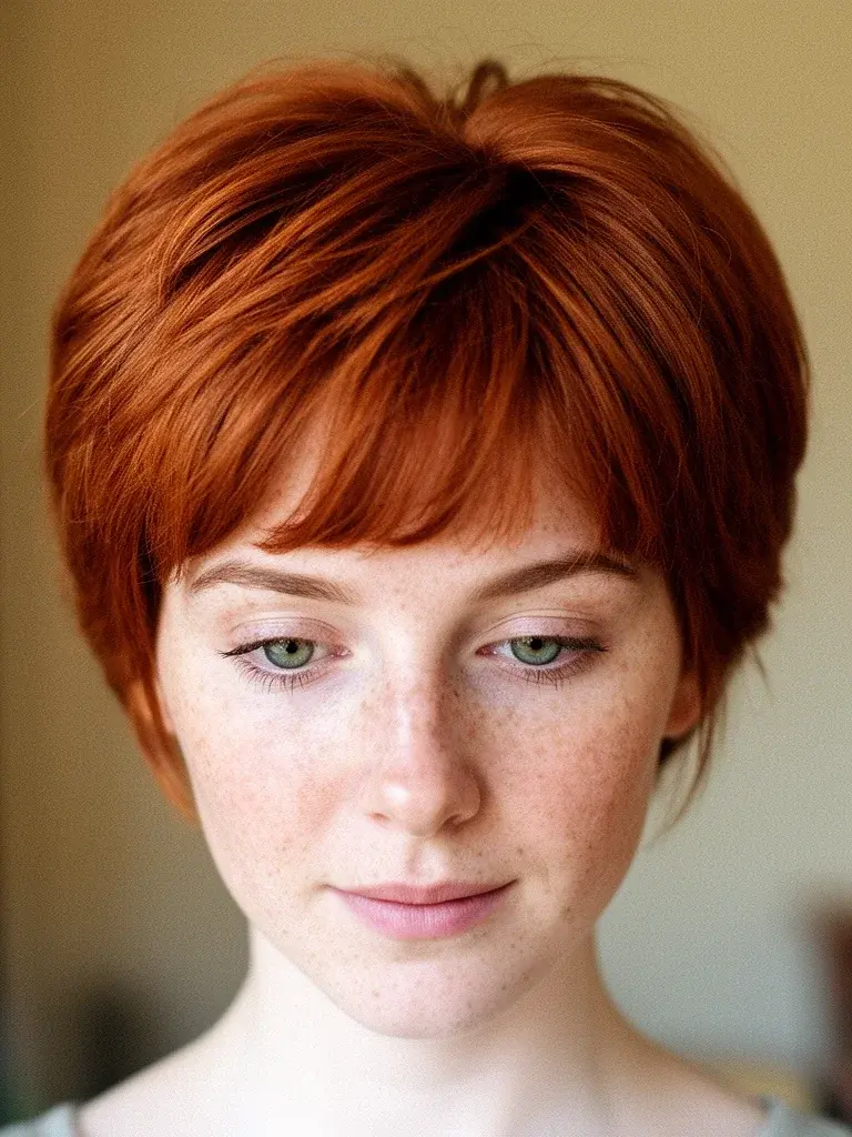 Short shag on an Irish woman with auburn hair, close-up of crown layers