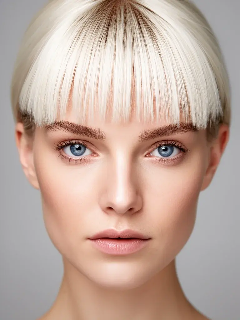 Bottleneck bangs on a Swedish woman with platinum hair, editorial close-up