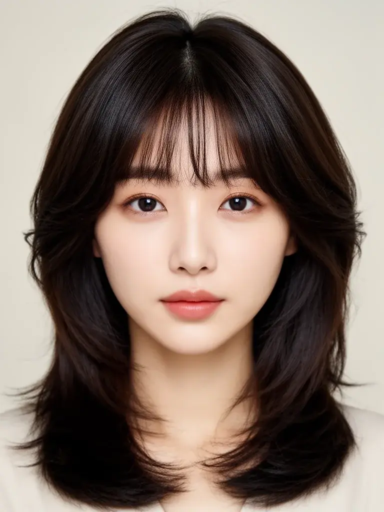 Korean woman with butterfly cut, front-facing view showing U-shaped layers and volume lift