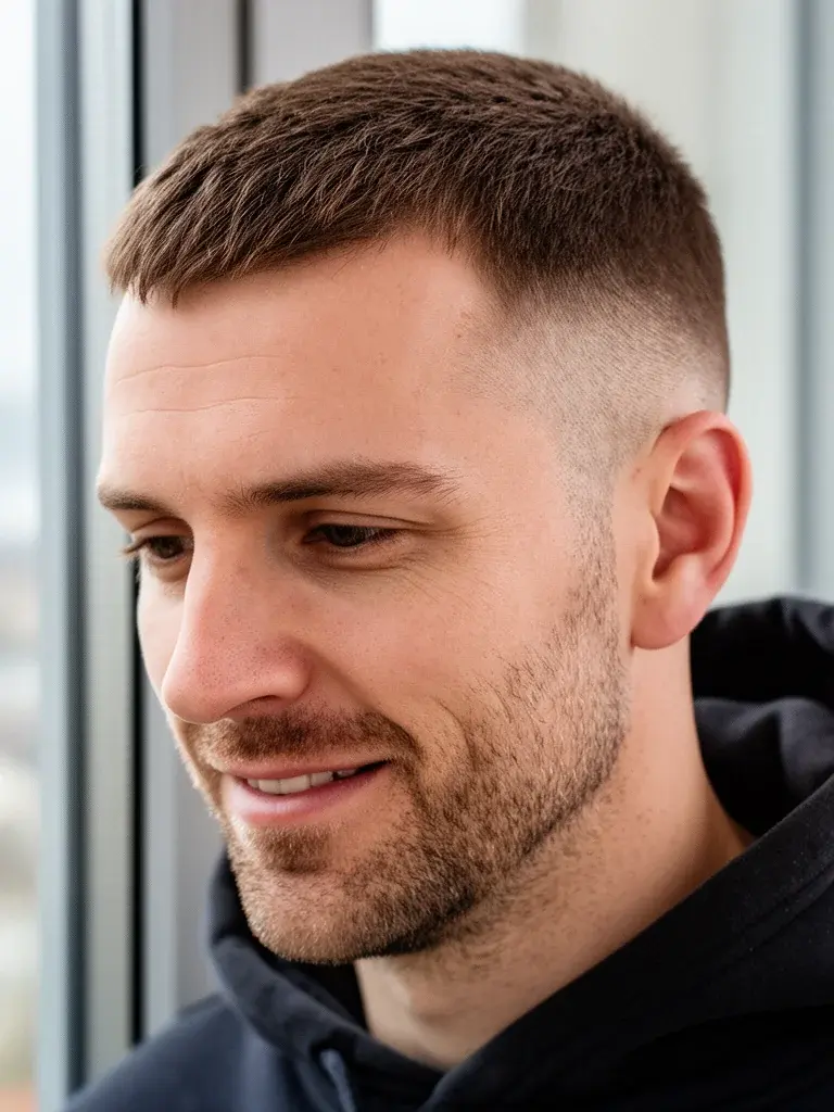Modern buzz three-quarter view showing texture and scalp detail