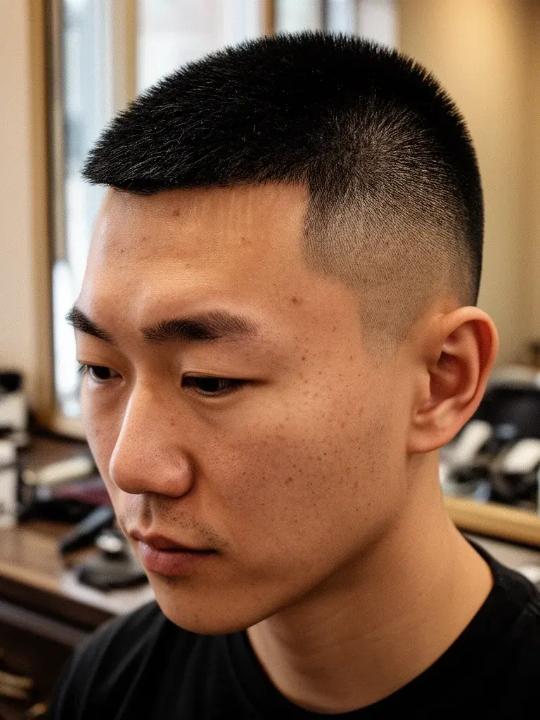 Crew cut with low fade and sharp line-up at the temples