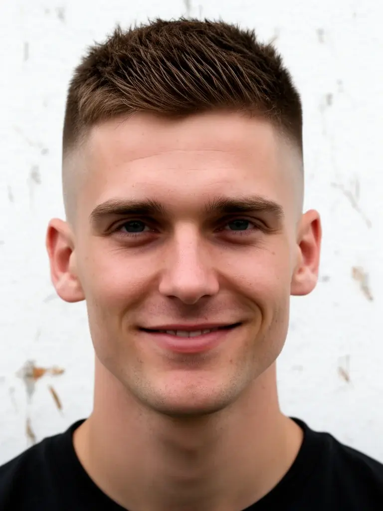 Taper fade front view showing clean blend from styled top to tapered sides