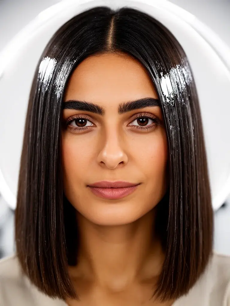 Sleek straight medium hair on a Turkish woman, studio ring light