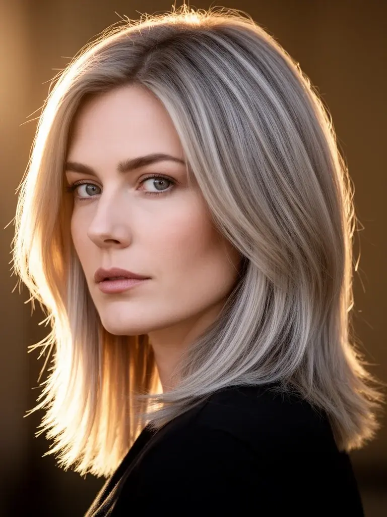 German woman with shoulder-length layers, backlit showing light through ends