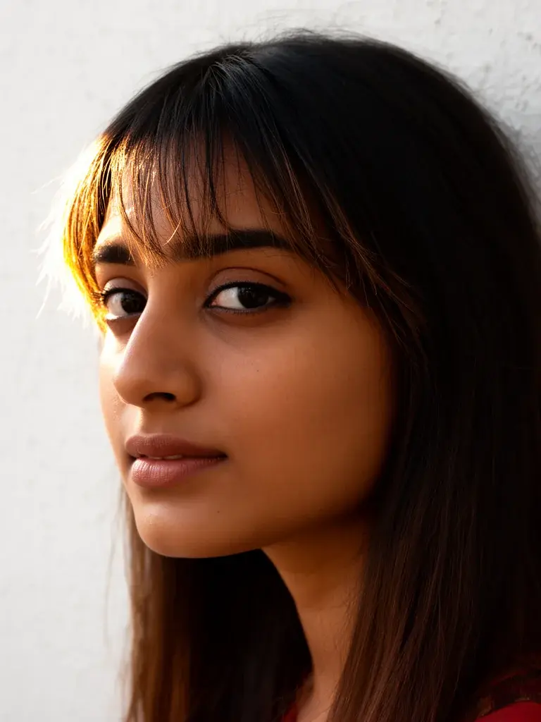 Indian woman with wispy bangs, backlit three-quarter view showing light through fringe