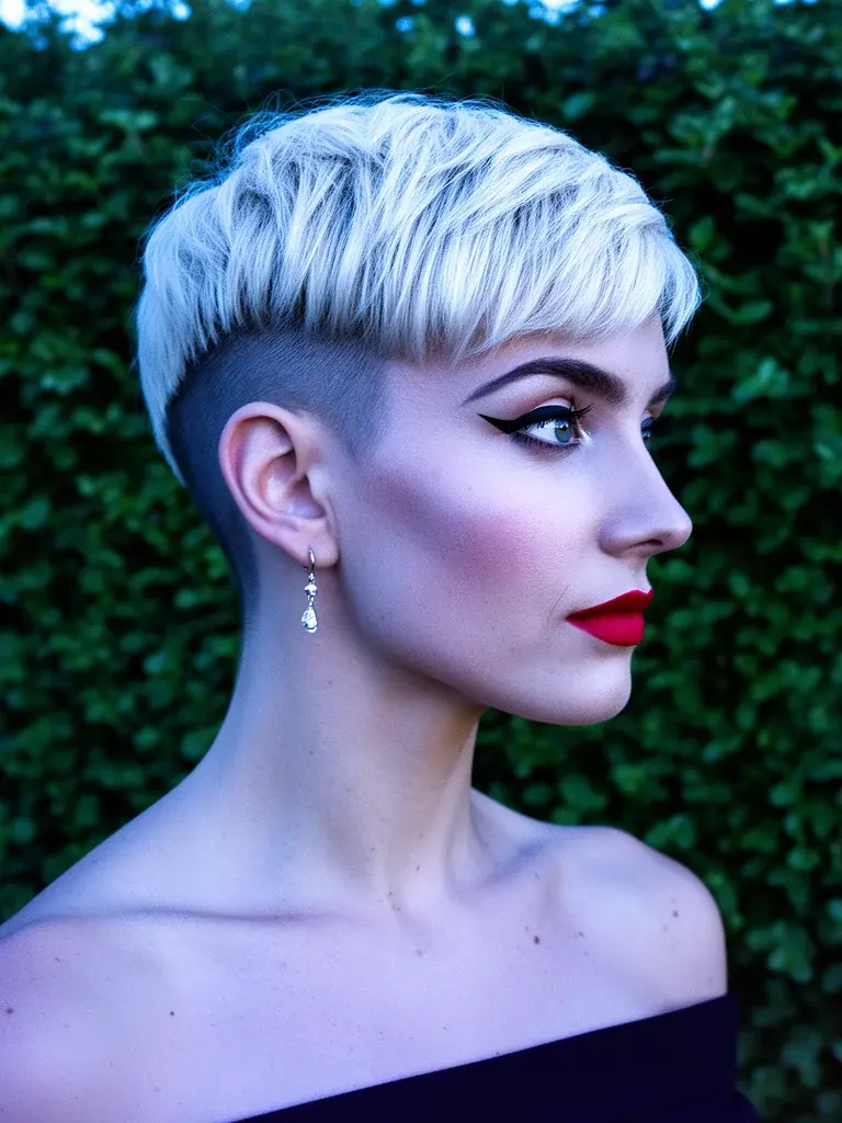 French crop side profile on a German woman with platinum blonde hair and retro makeup