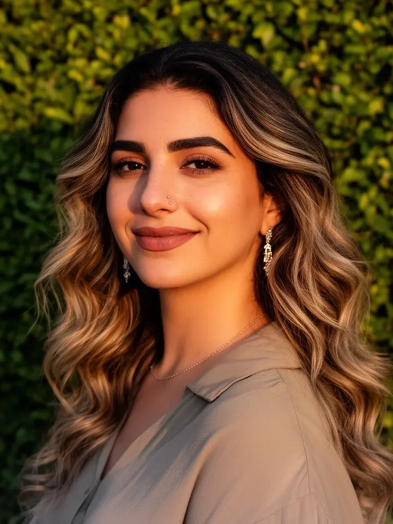 Beach waves on a Lebanese woman with balayage hair in golden hour light