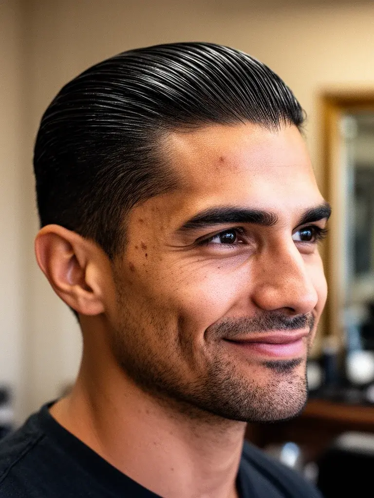 Slicked back side profile showing smooth backward flow and clean neckline
