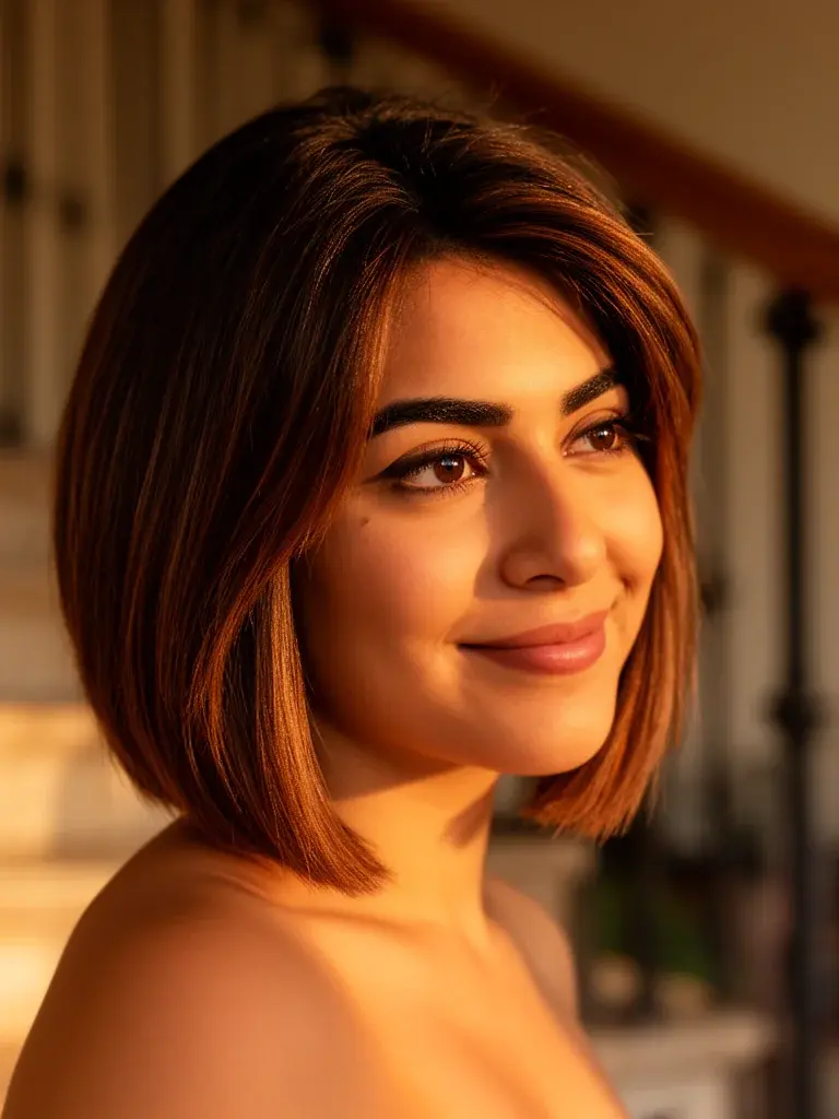 Mexican woman with inverted bob, three-quarter view showing angled graduation