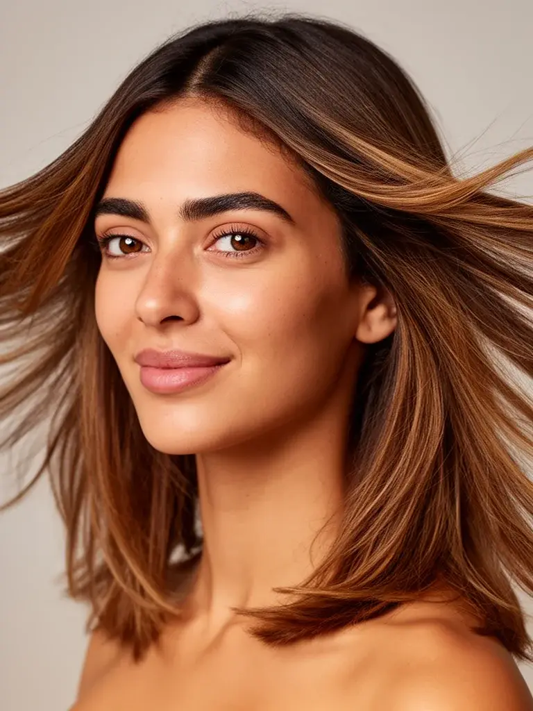 Brazilian woman with butterfly cut, hair flipped to show wing-shaped layer separation