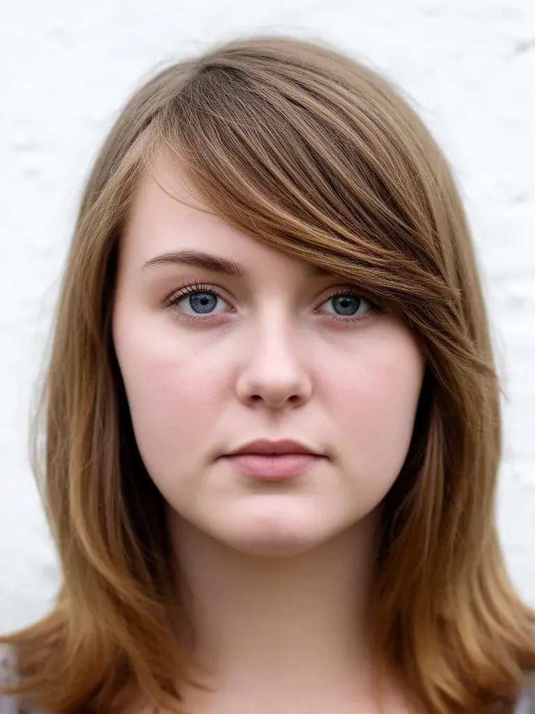 British woman with side-swept bangs, front view showing full sweep direction