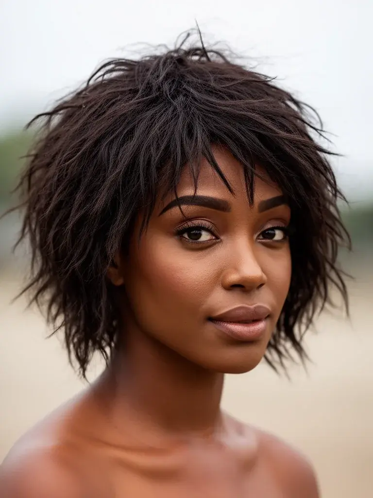 Short shag three-quarter view on a Nigerian woman, air-dried texture