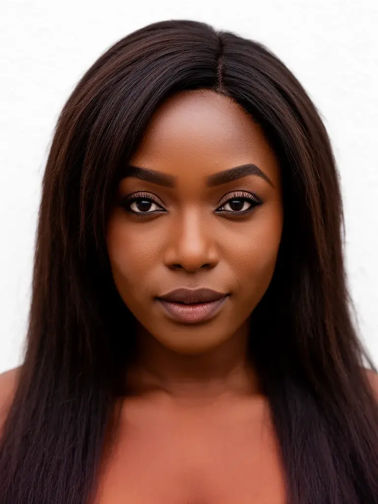 Nigerian woman with face-framing layers, front view in studio light