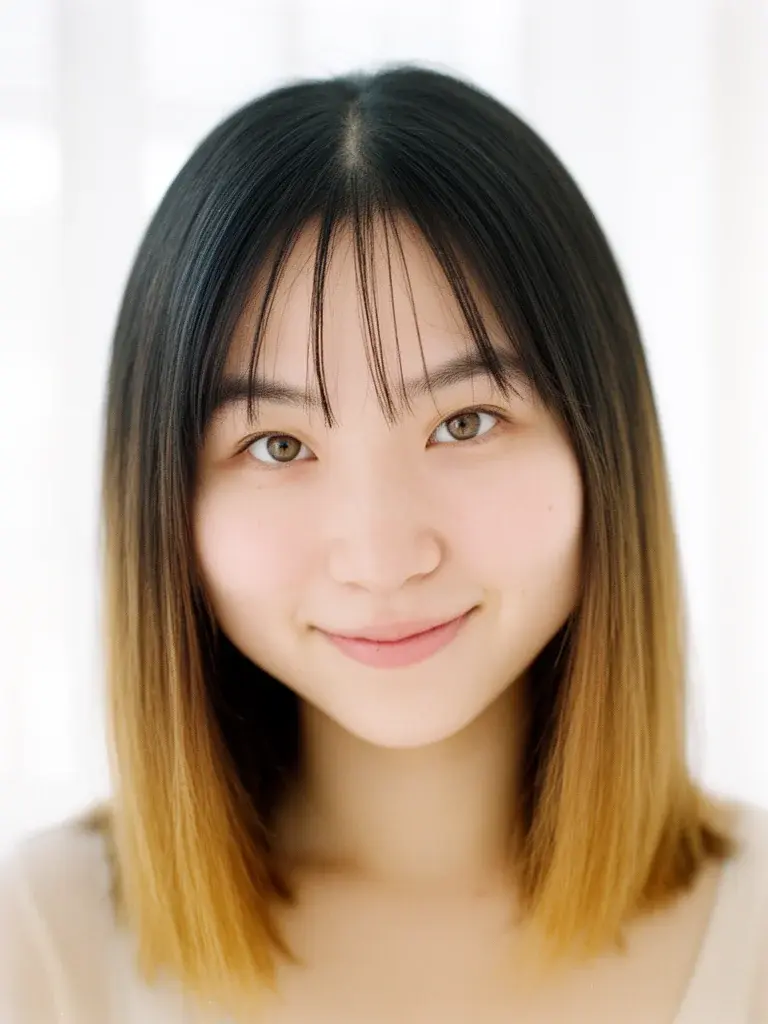 See-through bangs on a mixed heritage woman with highlighted hair, bangs center-parted