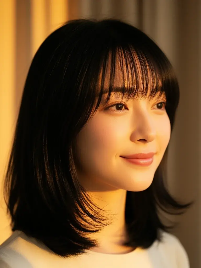 Japanese woman with wispy bangs, three-quarter view in warm golden light