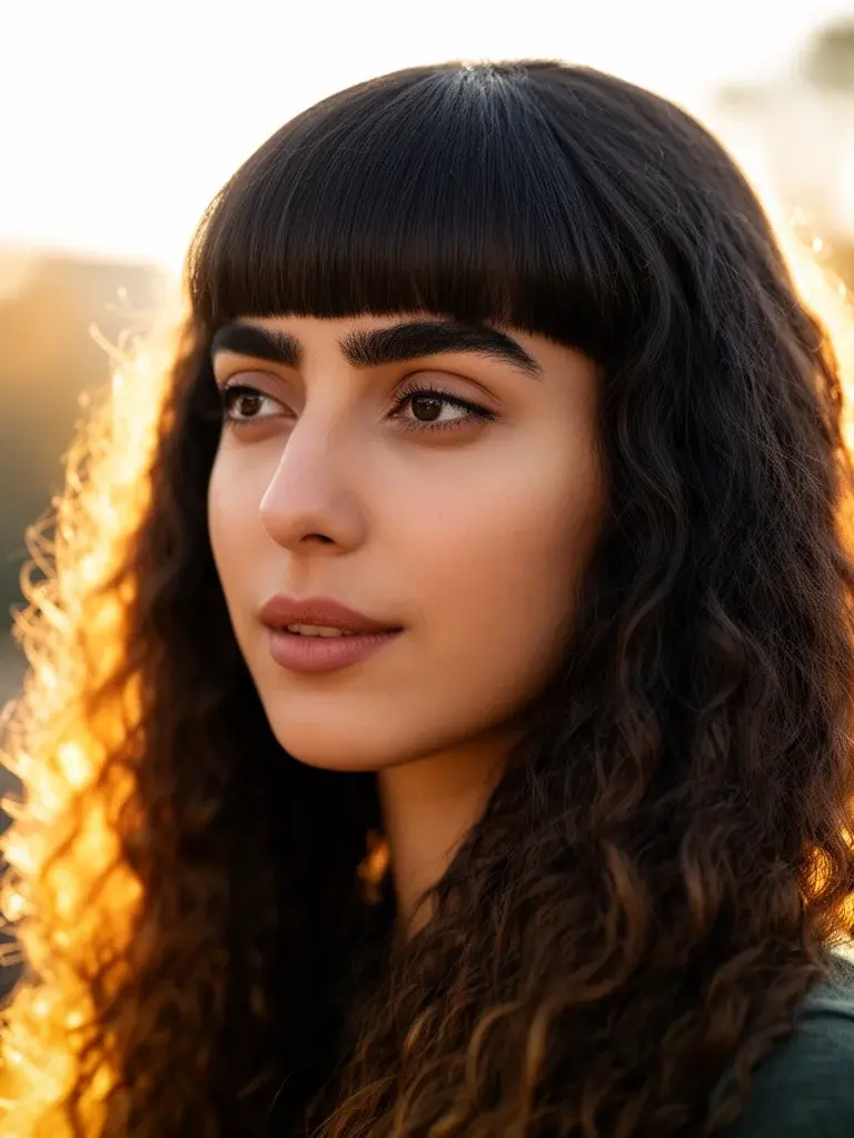 Blunt bangs on a Turkish woman with wavy long hair, outdoor backlight