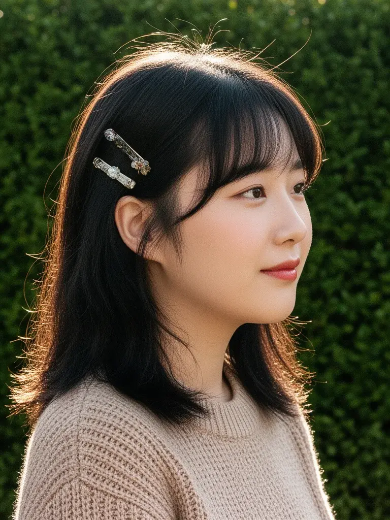 Curtain bangs side profile on a Korean woman with backlit hair glow