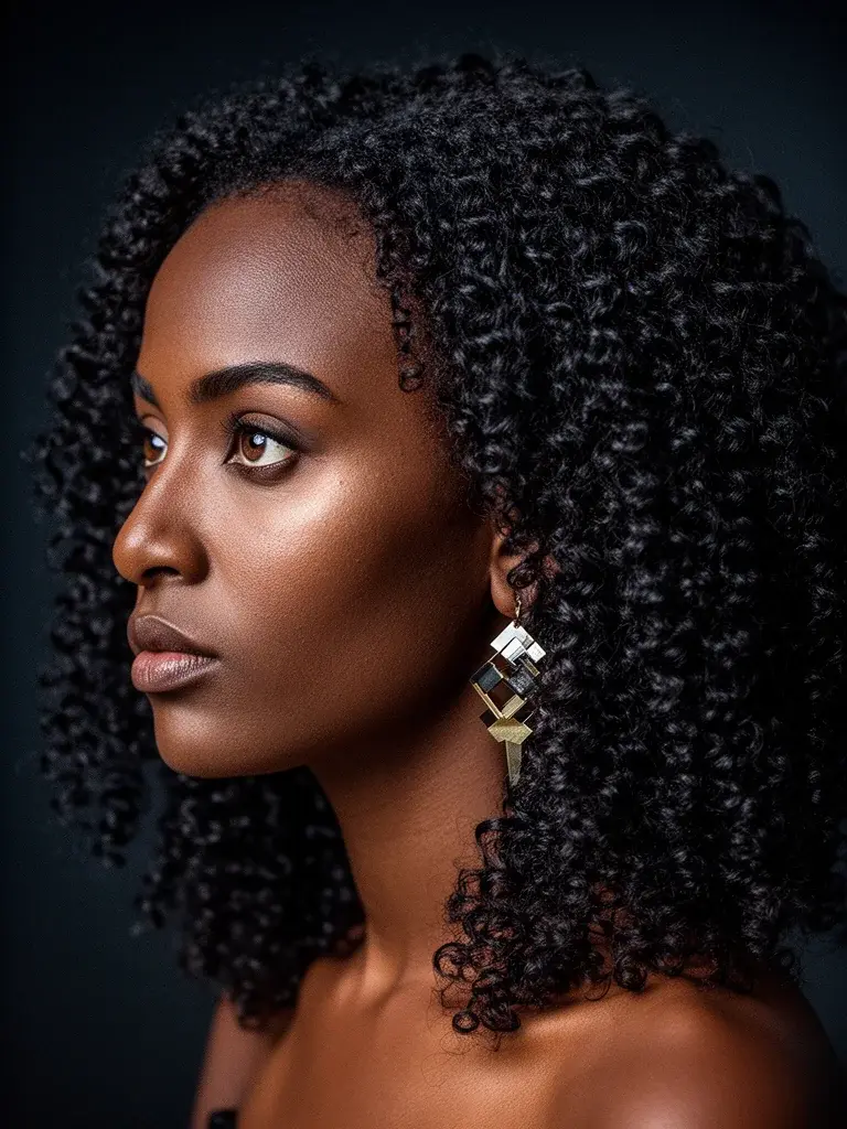 Spiral curls on a mixed heritage woman with honey brown highlights, three-quarter view