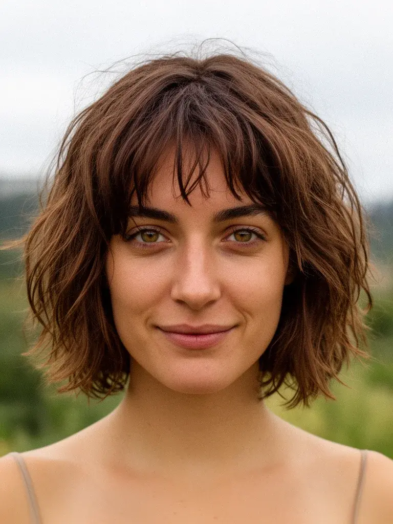 Shaggy bob air-dried result on a French woman with chestnut brown hair in natural light