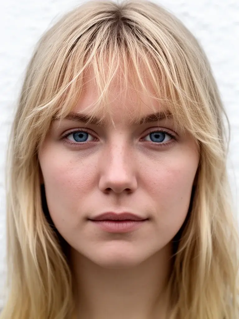 Scandinavian woman with wispy bangs, front view showing strand gaps and light texture