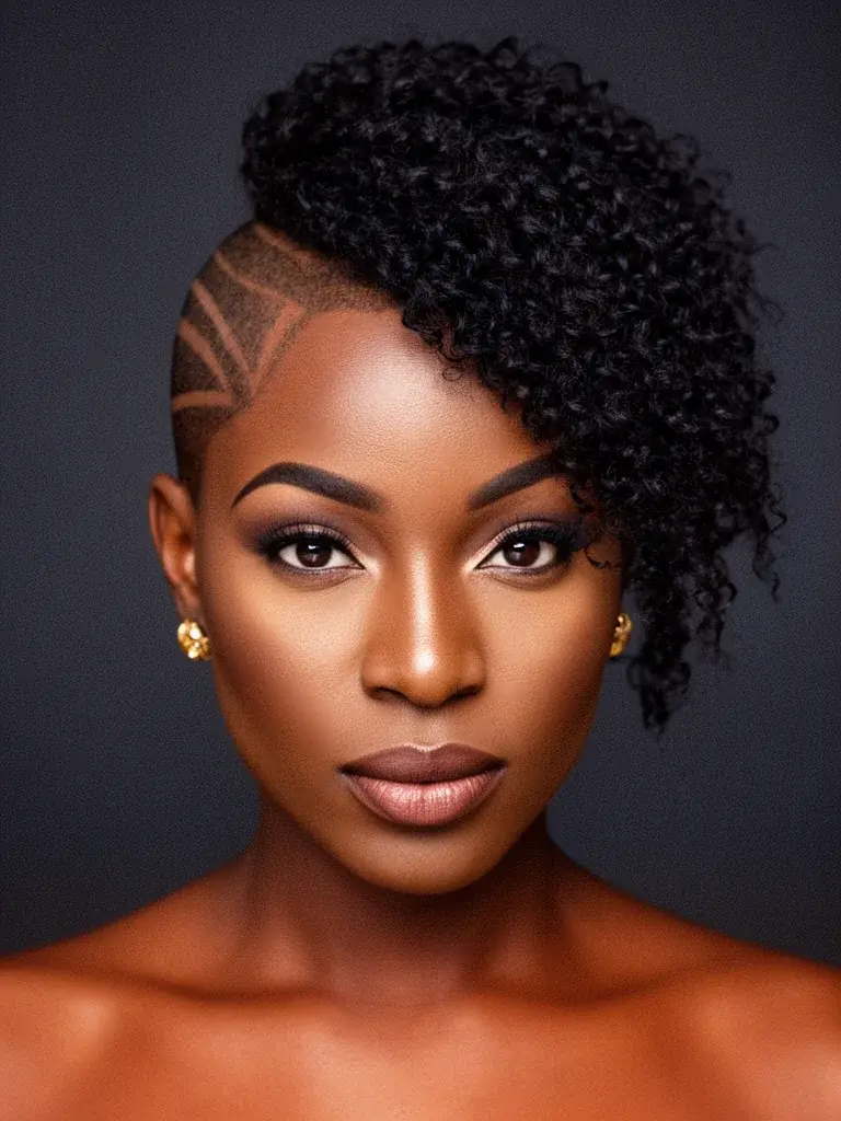 Nape undercut revealed on a blonde woman pulling hair up into a ponytail