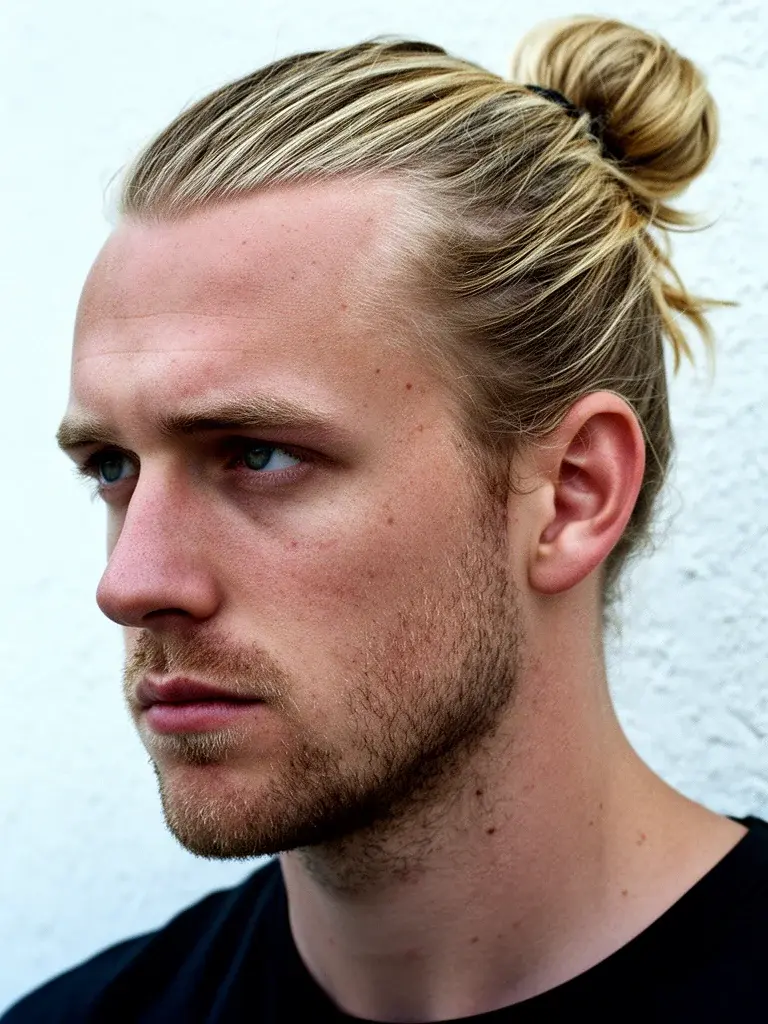 Messy man bun with loose strands for a casual look