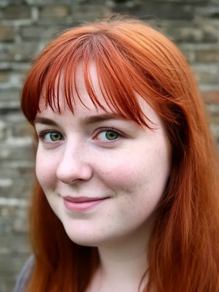 Irish woman with wispy bangs on auburn hair, three-quarter view