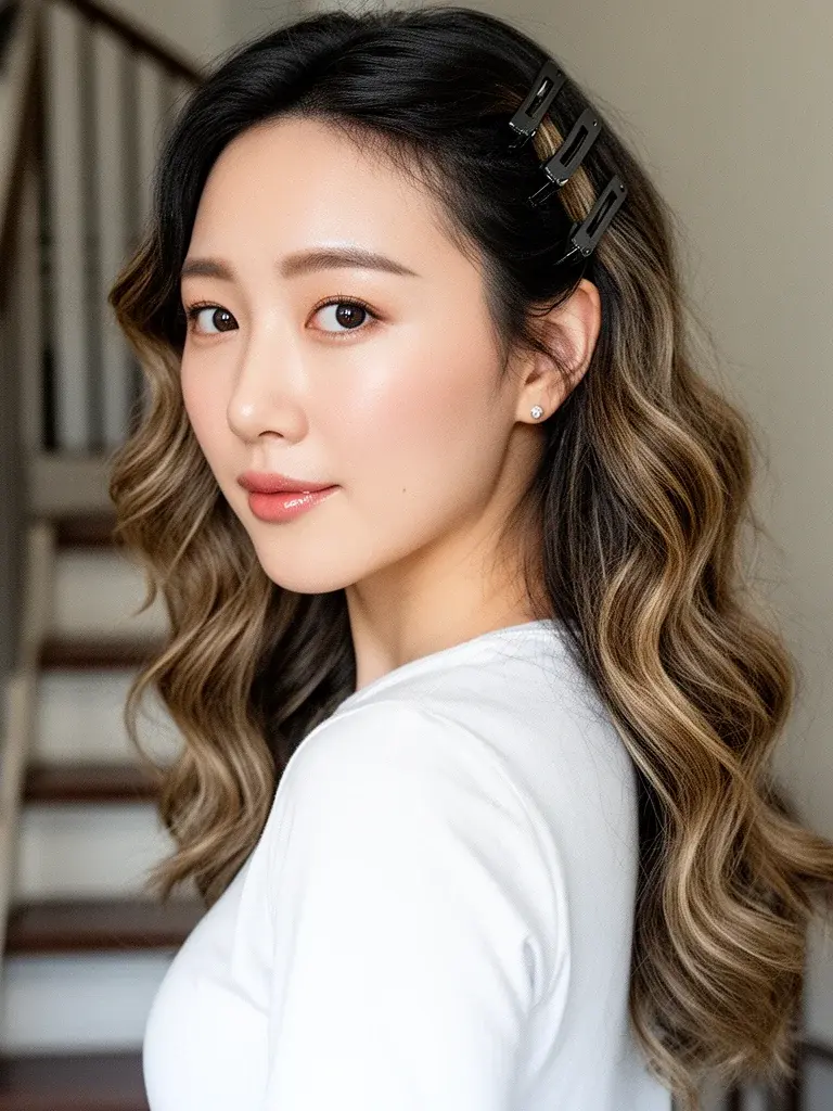 Beach waves over-shoulder glance on a Korean woman with balayage under ring light