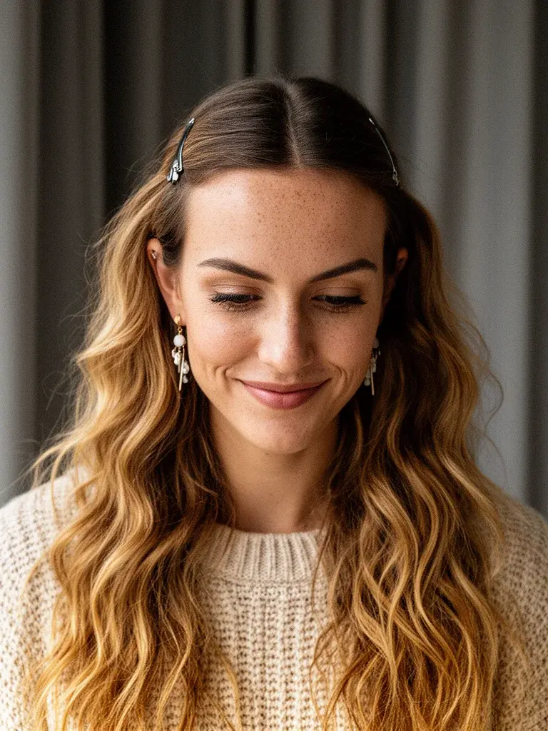 Beach waves front view on a German woman with golden brown hair, tousled finish