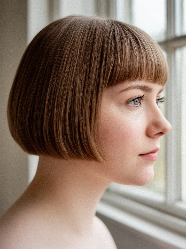 British woman with blunt bob, side profile showing sharp ends and geometric silhouette
